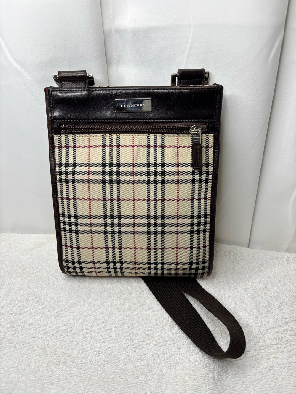 Burberry Beige Check Messenger Bag with Brown Trim